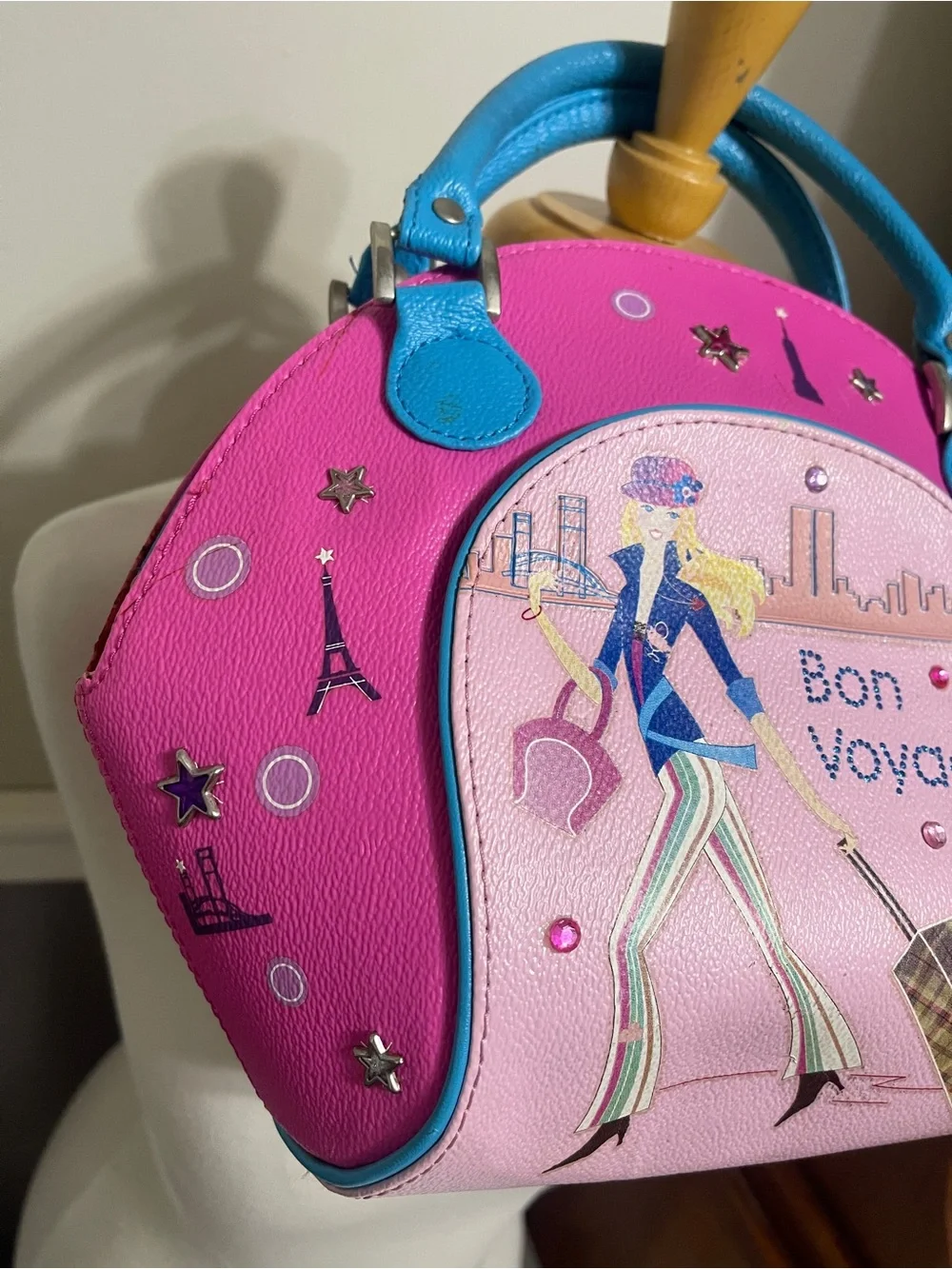 Barbie VTG Bon Voyage Pink & Blue Dome Satchel Bag